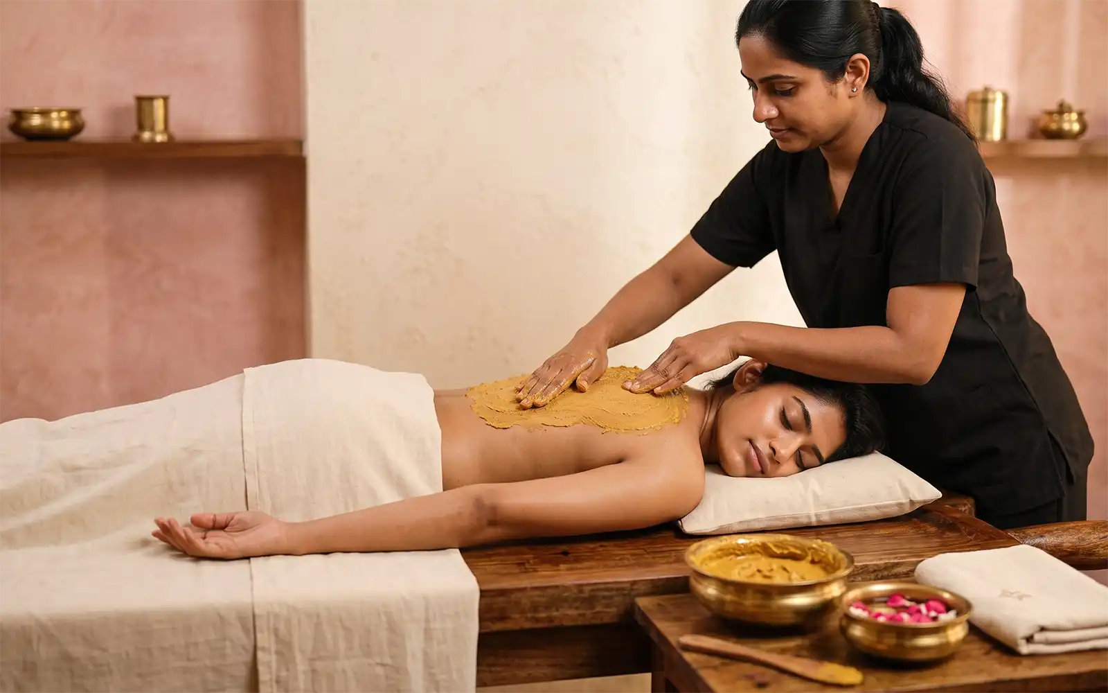 Bridal body polishing in the Manavatti Glow 1-day pre-bridal Ayurveda package