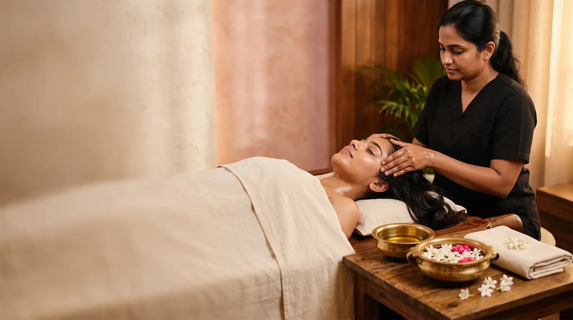 Pre-bridal Ayurveda head and face massage for a natural bridal glow at Swasthya Ayurveda, Kannur