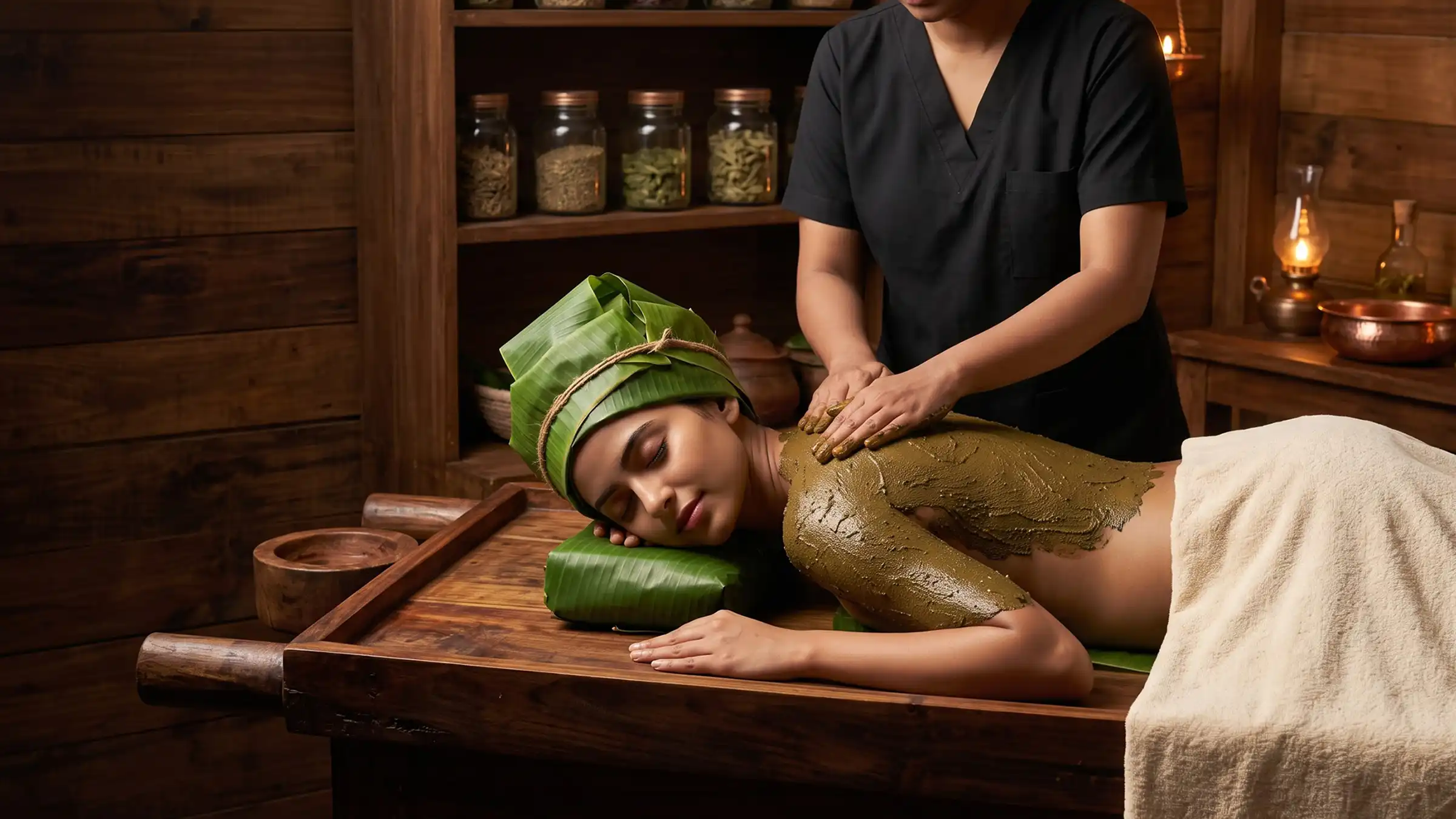 Skin care body massage with natural herbal paste at Swasthya Ayurveda, Kannur